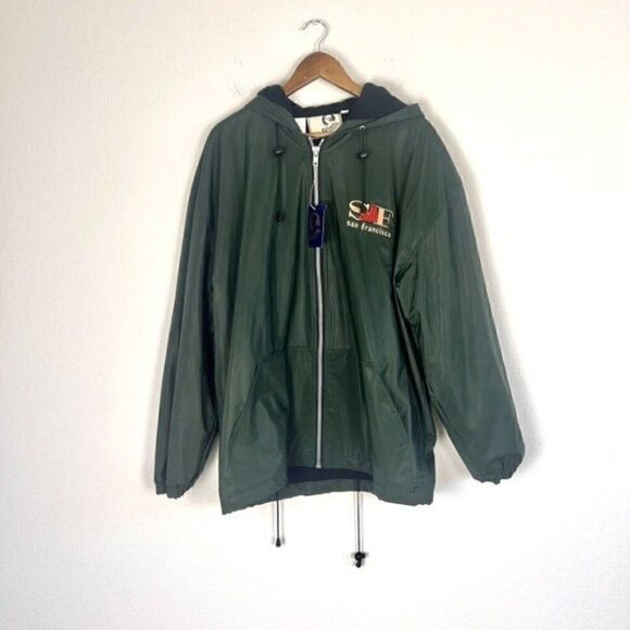 Vintage 90s Zip Up Raincoat San Francisco Embroidered Mens Fleece Lined Green M - Picture 1 of 12